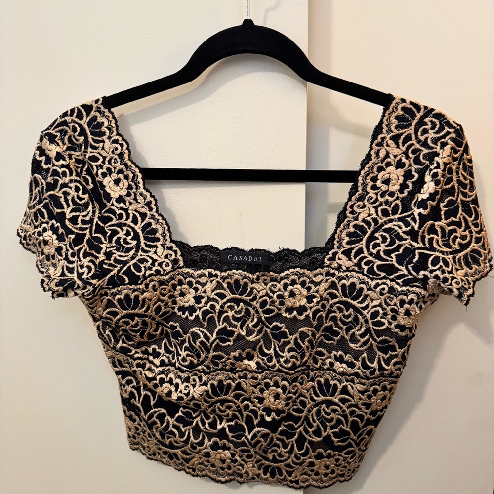 Vintage Casadei Black and Gold Floral Lace Crop Top